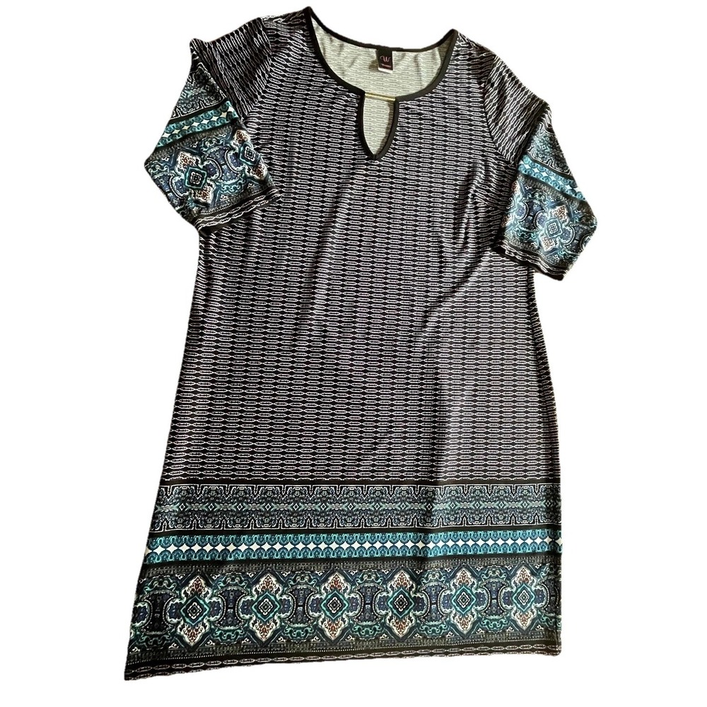 Wrapper Women 2X Shift Dress Black Blue Geometric Paisley Keyhole Casual Travel